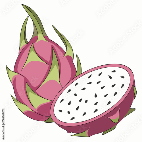Two dragon fruits, whole and sliced, with green scales, isolated on light background.