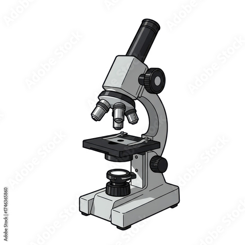 Illustration of a light microscope, a scientific instrument used for magnification and observation.