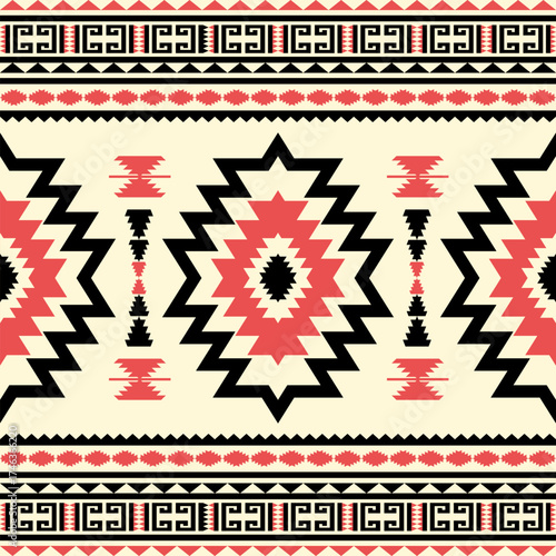 Seamless geometric pattern with inspired zig zag and star motifs in red black and cream tribal ethnic folk ornament decoration