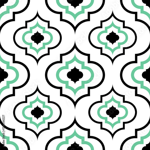 Geometric pattern with quatrefoil shapes in black white and mint green seamless tile design background abstract modern decorative