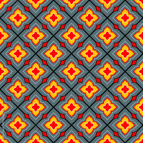 Geometric Repeating Pattern With Red And Yellow Quatrefoil Motifs On A Transparent Background Ornamental Symmetrical Design Tile