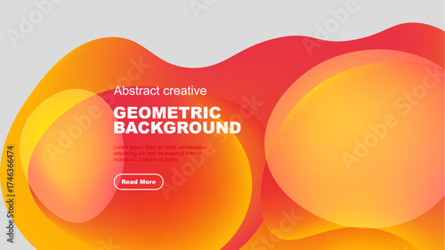 Abstract fluid shapes, vibrant orange hues dominate design. Text present, button visible, black background contrasts colors.