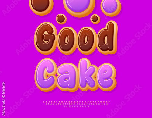 Vector Marketing sign Good Cake for Bakery Goods, Cafe Menu. Violet glazed Font. Delicious set of Alphabet Letters and Numbers. 