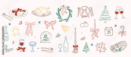 Retro whimsical Christmas dinner doodle elements with food, drinks, bows, candles, tree, wreath, and festive icons. Hand drawn holiday clipart set for menus, cards, invitations. Vector illustration.