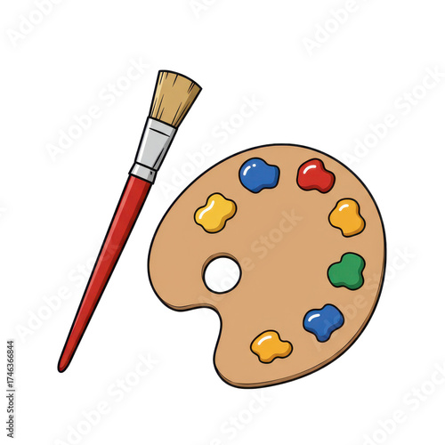Illustration of a paint palette with various colors and a paintbrush.