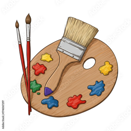 Artistic still life featuring a wooden palette with colorful paint and paintbrushes, ready for creative expression.