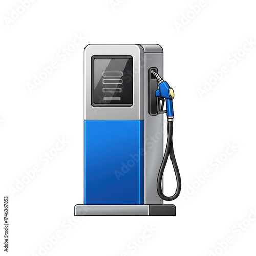 A modern blue and silver gas pump with a black hose and nozzle, isolated on a white background.