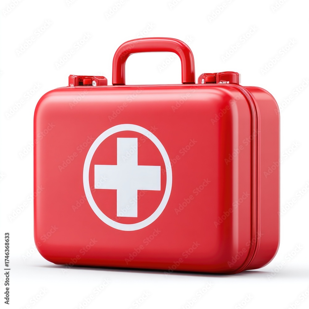 Obraz premium Essential red first aid kit with white cross for emergency preparedness and safety. White background