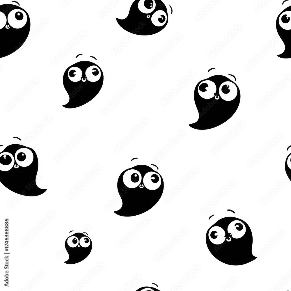 Fototapeta premium Cute round ghosts seamless pattern with big eyes for halloween decor and crafts
