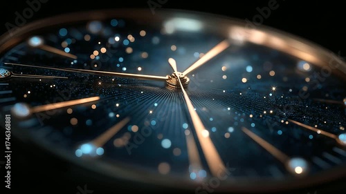 Macro detail of luxury watch dial glowing, tiny gemstone indices sparkling under sharp studio lights.