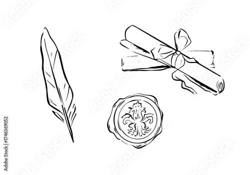 Vintage writing set: feather quill, rolled scroll, and wax seal stamp. Vector line art illustration in quick sketch style. Great for journaling, invitations, posters, vintage decor, book club projects