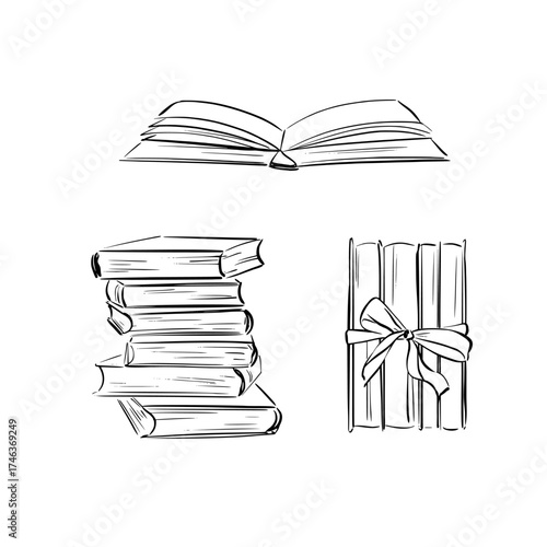 Set of vintage book clip art: stack, open and tied with ribbons. Vector line art illustration in quick whimsical sketch style. Perfect for literary themes, education, journaling, literature projects