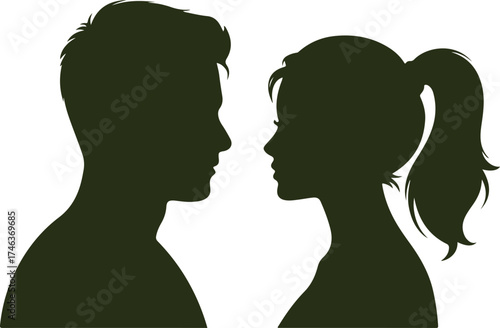 romantic couple silhouette illustration showing man and woman face to face, side profile of young lovers looking at each other, love relationship concept, isolated vector design on white background