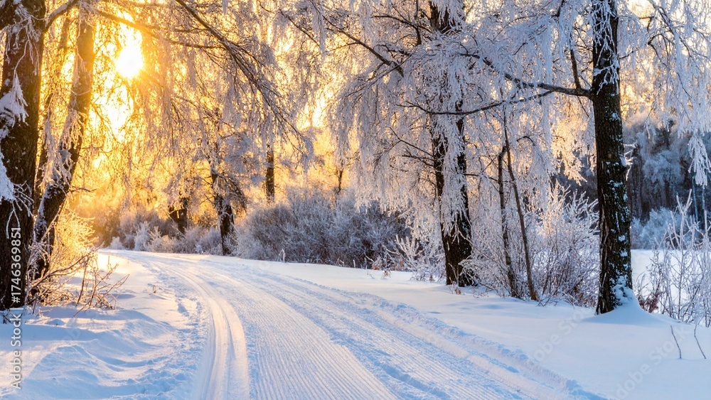 Obraz premium A cold winter landscape featuring a snowy forest path under a dramatic sky at sunrise or sunset