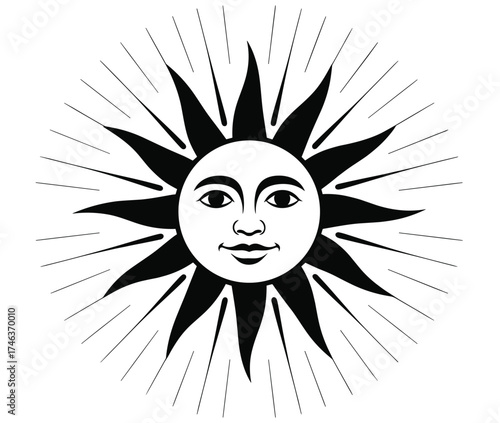 Stylized sun with a human face in a folk art woodblock style. Black and white vector icon of a solar deity for astrology, pagan, or mythological themes.