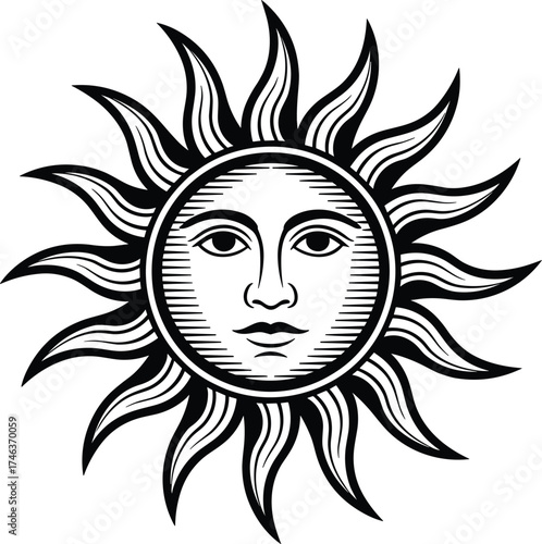 Sun with a human face in a vintage engraving style. Heraldic vector symbol of a solar deity for mythology, alchemy, and esoteric themes