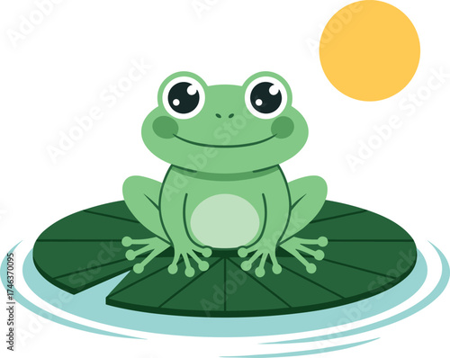 Cute cartoon frog sitting on a lily pad. Adorable vector illustration of a happy amphibian character in a pond for children.