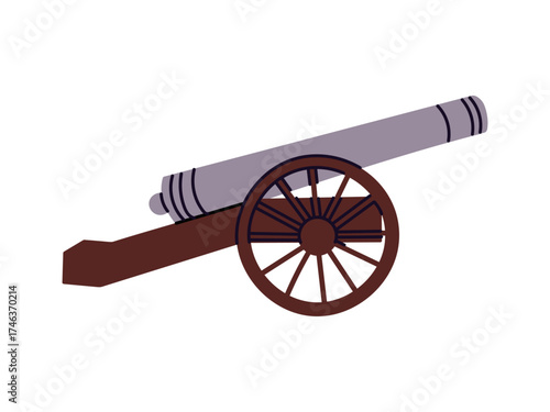 Old historical cannon, vintage military artillery gun with wooden carriage and wheel, antique battlefield weapon, medieval war cannon side view on white background flat vector illustration.