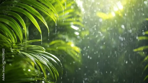 Medium shot of glowing monsoon rain, vibrant green jungle illuminated by bright sunlight breaking through.