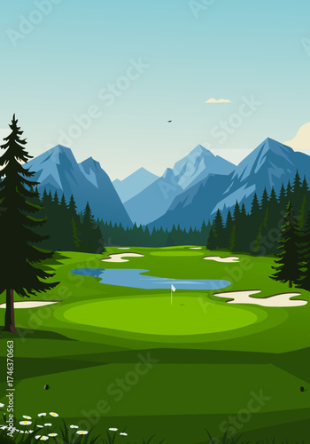 Picturesque vector illustration of a serene golf course nestled amidst majestic mountains and lush pine forests, offering a tranquil outdoor recreation scene