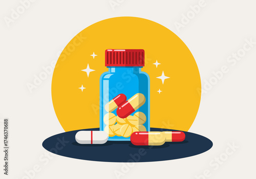 Vibrant illustration of a pharmaceutical bottle filled with diverse capsules, symbolizing healthcare, wellness, and essential medical treatment