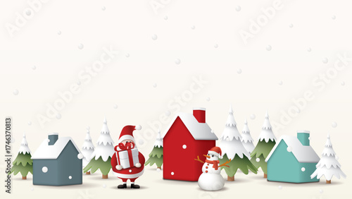 3D mini model of Winter Wonderland with Santa Claus, snowman and snowfall graphic illustration have blank space.