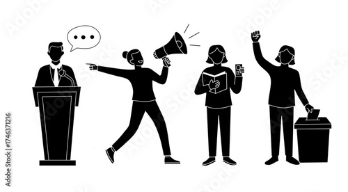 Political activism, protest, and voting: silhouettes demonstrating civic engagement.
