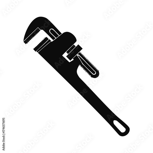 Black silhouette of a heavy duty pipe wrench with serrated jaws