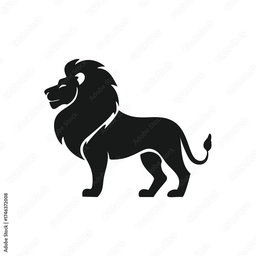 Obraz premium Black Silhouette of a Majestic Lion Standing Keywords: lion, animal, wildlife, king, predator