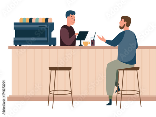 Male barista and client at the bar counter in a modern coffee shop. Flat vector illustration isolated on white background