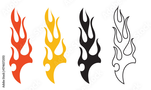 Flame decal icon. Tribal flame tattoo shapes vector . Black tribal flame vector icons set showing stylized fire shapes, ideal for tattoos, decals, or graphic design decoration elements.

