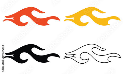 Flame decal icon. Tribal flame tattoo shapes vector . Black tribal flame vector icons set showing stylized fire shapes, ideal for tattoos, decals, or graphic design decoration elements.

