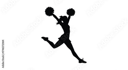 Dynamic silhouette of a cheerleader in mid-air performing an energetic jump with pom-poms raised high