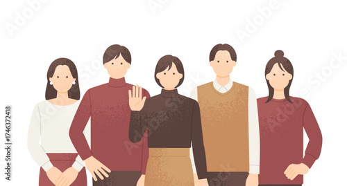 楽しそうにポーズをとる秋服の男女5人グループ 上半身イラストセット