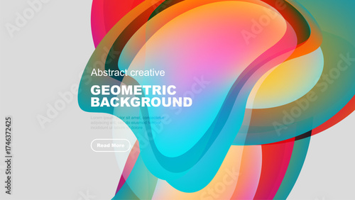 Vibrant abstract shapes overlap, creating dynamic geometric background. Colors blend smoothly, offering modern visual appeal.