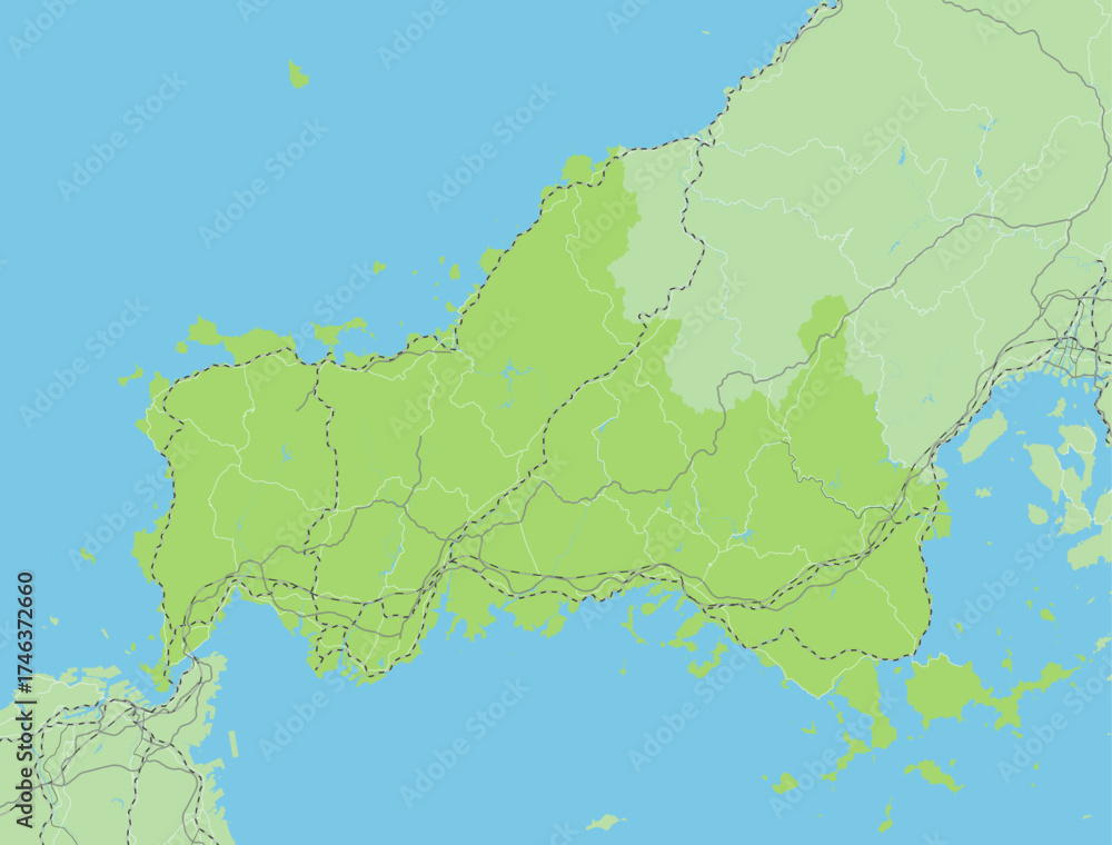 Fototapeta premium 日本の山口県と隣接する都道府県を含む、緑色のシンプルなロードマップ
