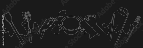 Culinary poster with utensils isolated on black background. Cooking art in continuous line drawing style. Vector illustration.