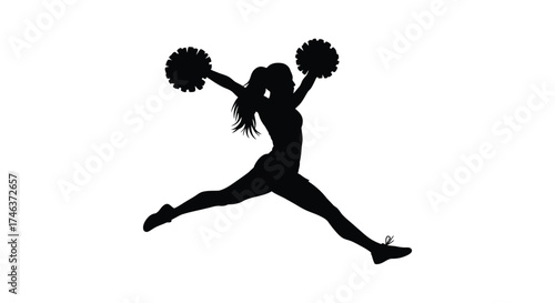 Energetic cheerleader silhouette performing dynamic jump with pom-poms for sporting events and school spirit