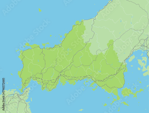 日本の山口県と隣接する都道府県を含む、緑色のシンプルなロードマップ