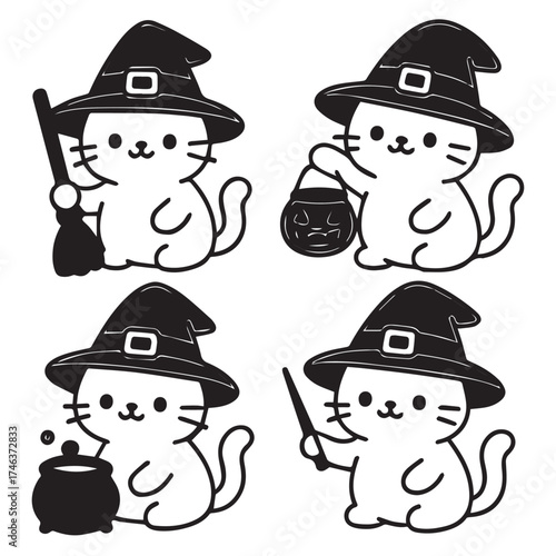 Flat kawaii vector of cute cats dressed as witches