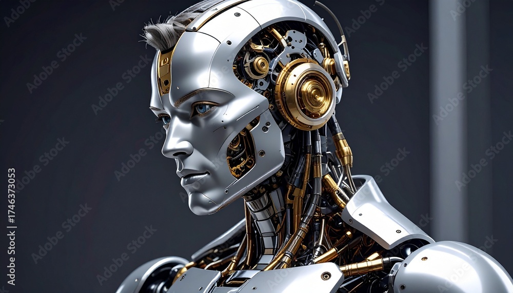 Fototapeta premium futuristic humanoid female robot with white and gold mechanical design and exposed components