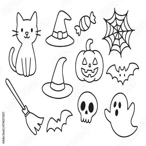 Hand-drawn black line doodles of pumpkins, bats, ghosts, skulls, and candies. Simple continuous lines, white background