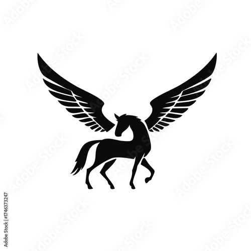 Black silhouette of Pegasus with spread wings on white