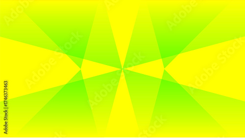 A bright, symmetrical abstract image featuring intersecting geometric light beams in vibrant neon yellow and luminous lime green, centered by a small blue point.