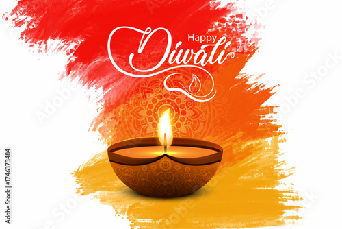 Happy Diwali Festival Greeting Background with Glowing Diya Lamp, Warm Red Orange and Yellow Gradient Light, Vibrant Indian Celebration Design for Festive Card or Holiday Artwork