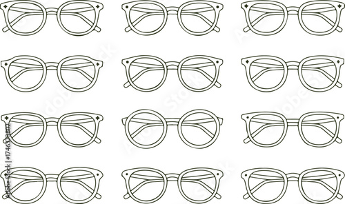Collection of eyeglass frame outlines featuring various stylish designs including round, square, and cat-eye shapes. Minimalist black vector illustration symbolizing fashion, vision, accessories, and 
