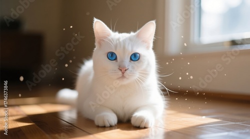  a white cat with blue eyes laying on the wooden floor in front of a wall with a window The background is slightly blurred, giving the image a dreamy feel