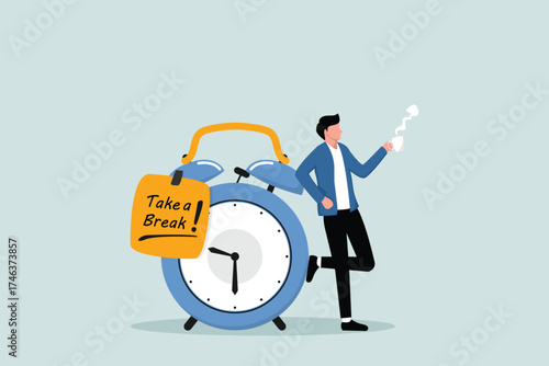 Time to take a break, coffee break time to relax and refresh from long stress interval, free from bored, sleepy and fatigue concept, relax businessman with a cup of coffee or tea with alarm clock.