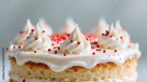 Delightful vanilla cake adorned with creamy frosting and festive red sprinkles, perfect for any celebration!