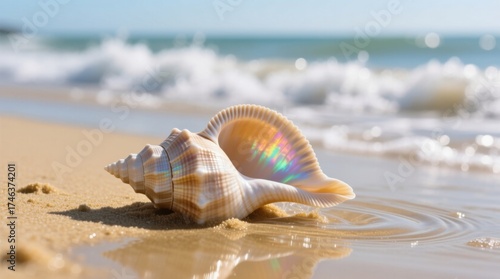  a seashell on the beach with the ocean in the background The seashell is in focus, while the background is slightly blurred, giving the image a dreamy feel